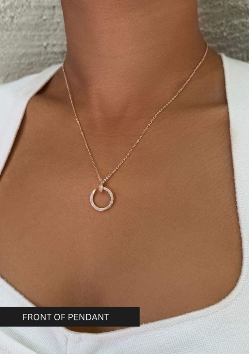 14k Rose Gold Plated Curved CZ Nail Ring Necklace
