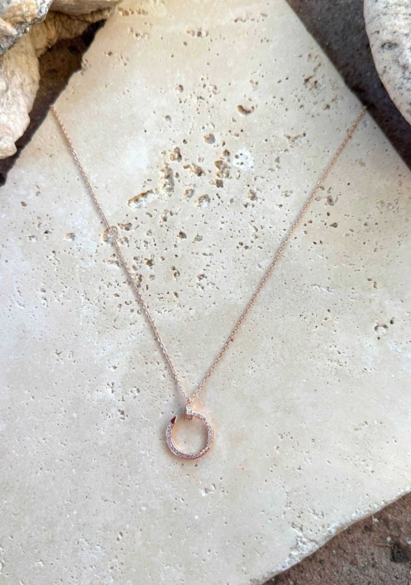 14k Rose Gold Plated Curved CZ Nail Ring Necklace