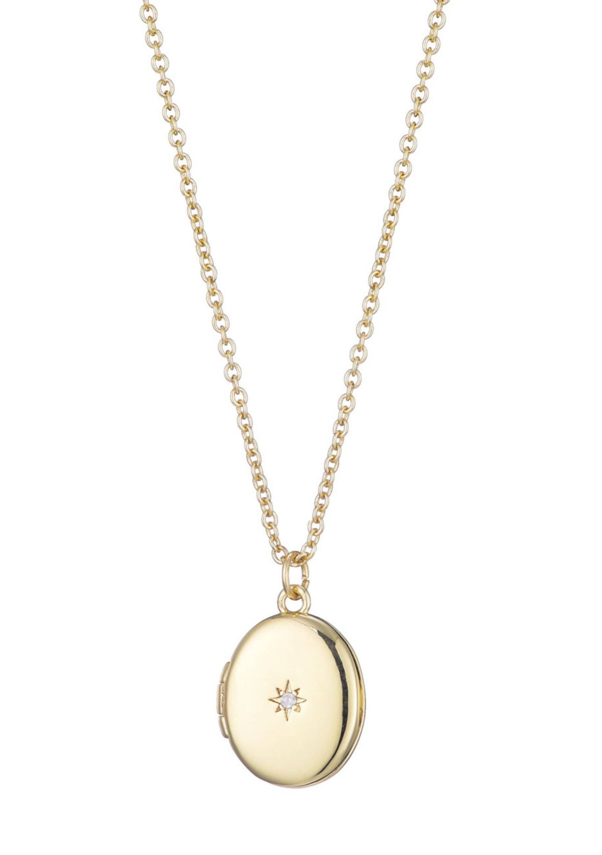 14k Gold Plated Oval Locket with CZ Starburst Necklace