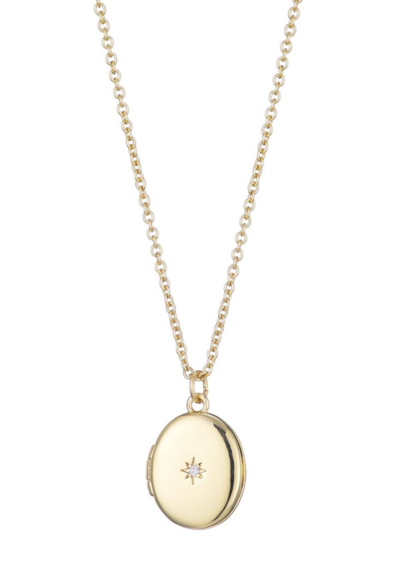 14k Gold Plated Oval Locket with CZ Starburst Necklace