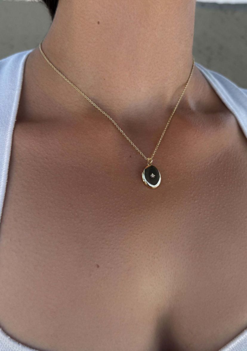 14k Gold Plated Oval Locket with CZ Starburst Necklace