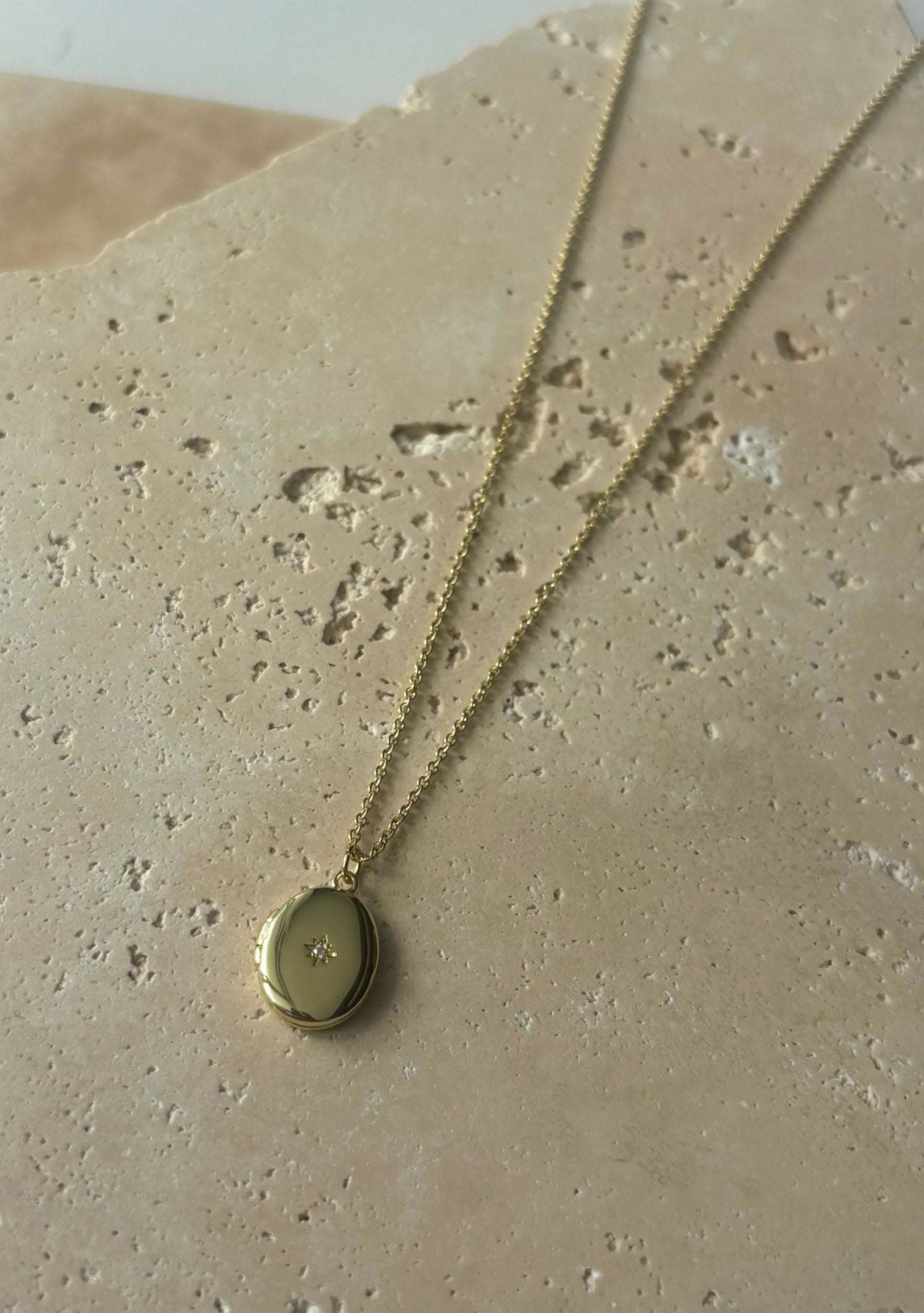 14k Gold Plated Oval Locket with CZ Starburst Necklace