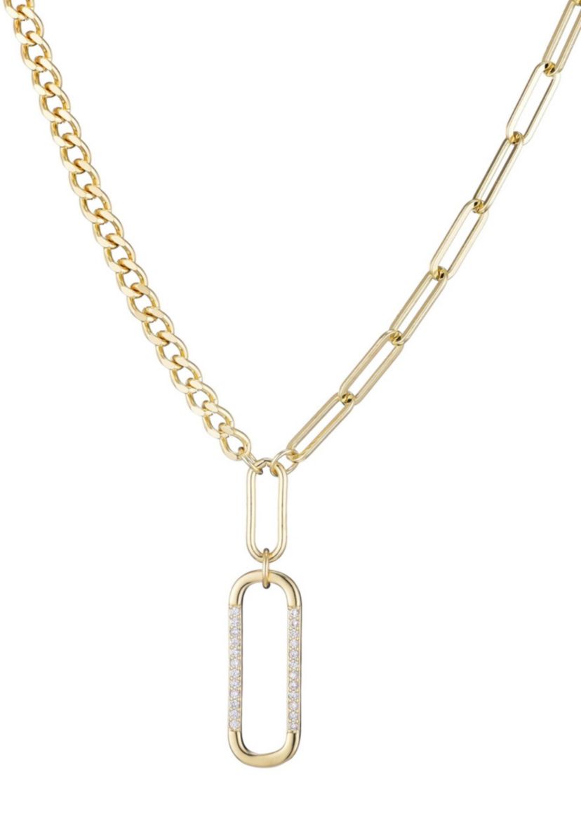 14k Gold Plated Mixed Chain CZ Oval Pendant Necklace