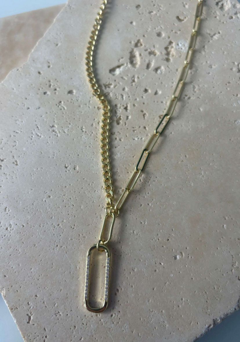 14k Gold Plated Mixed Chain CZ Oval Pendant Necklace