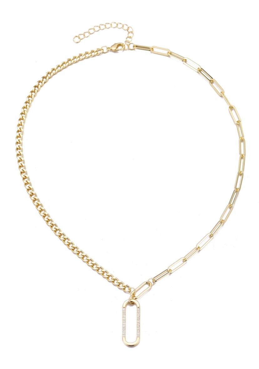 14k Gold Plated Mixed Chain CZ Oval Pendant Necklace