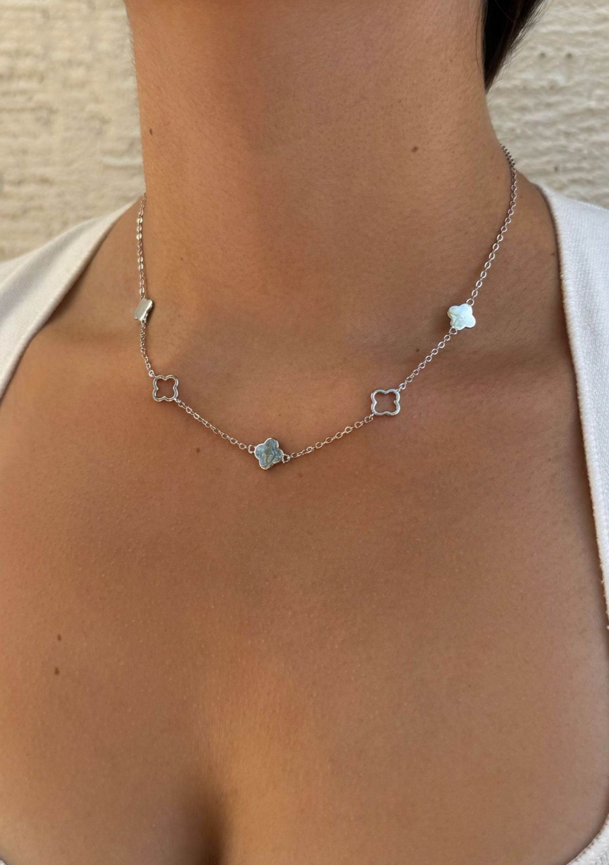 Silver Plated Clover Station Necklace