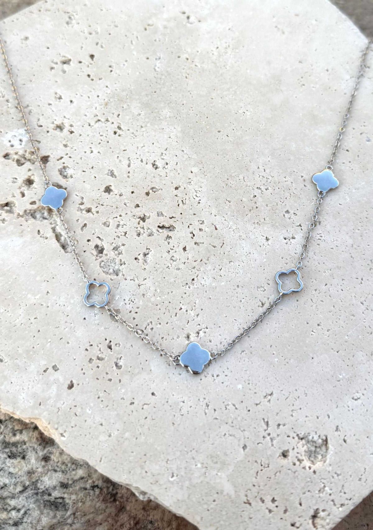 Silver Plated Clover Station Necklace