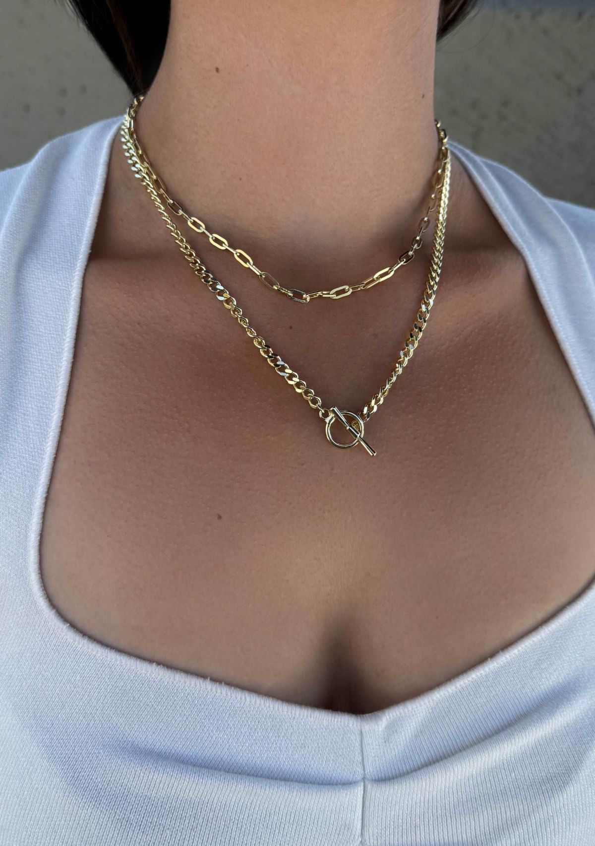 14k Gold Plated Toggle and Paperclip Set of 2 Necklaces