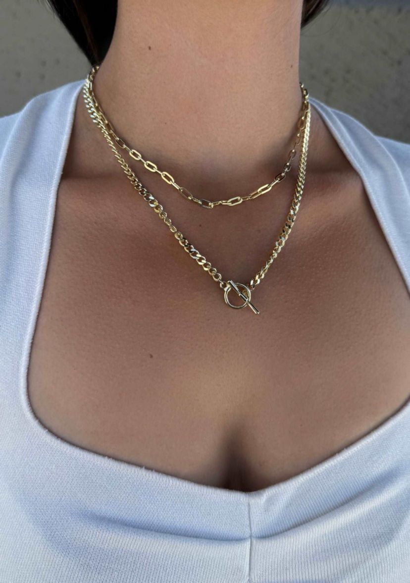 14k Gold Plated Toggle and Paperclip Set of 2 Necklaces