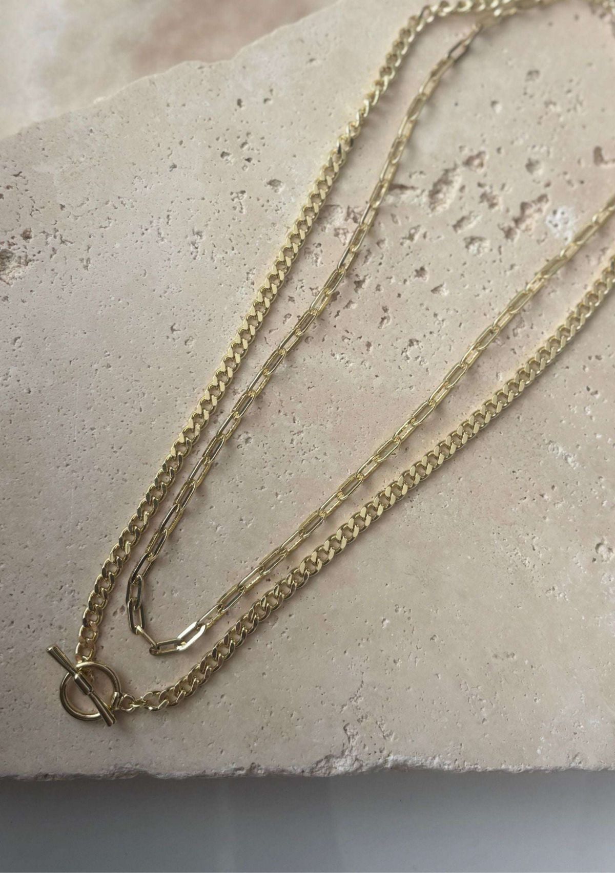 14k Gold Plated Toggle and Paperclip Set of 2 Necklaces