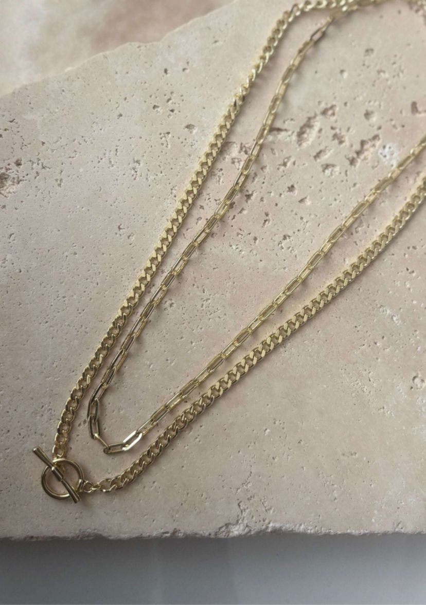 14k Gold Plated Toggle and Paperclip Set of 2 Necklaces