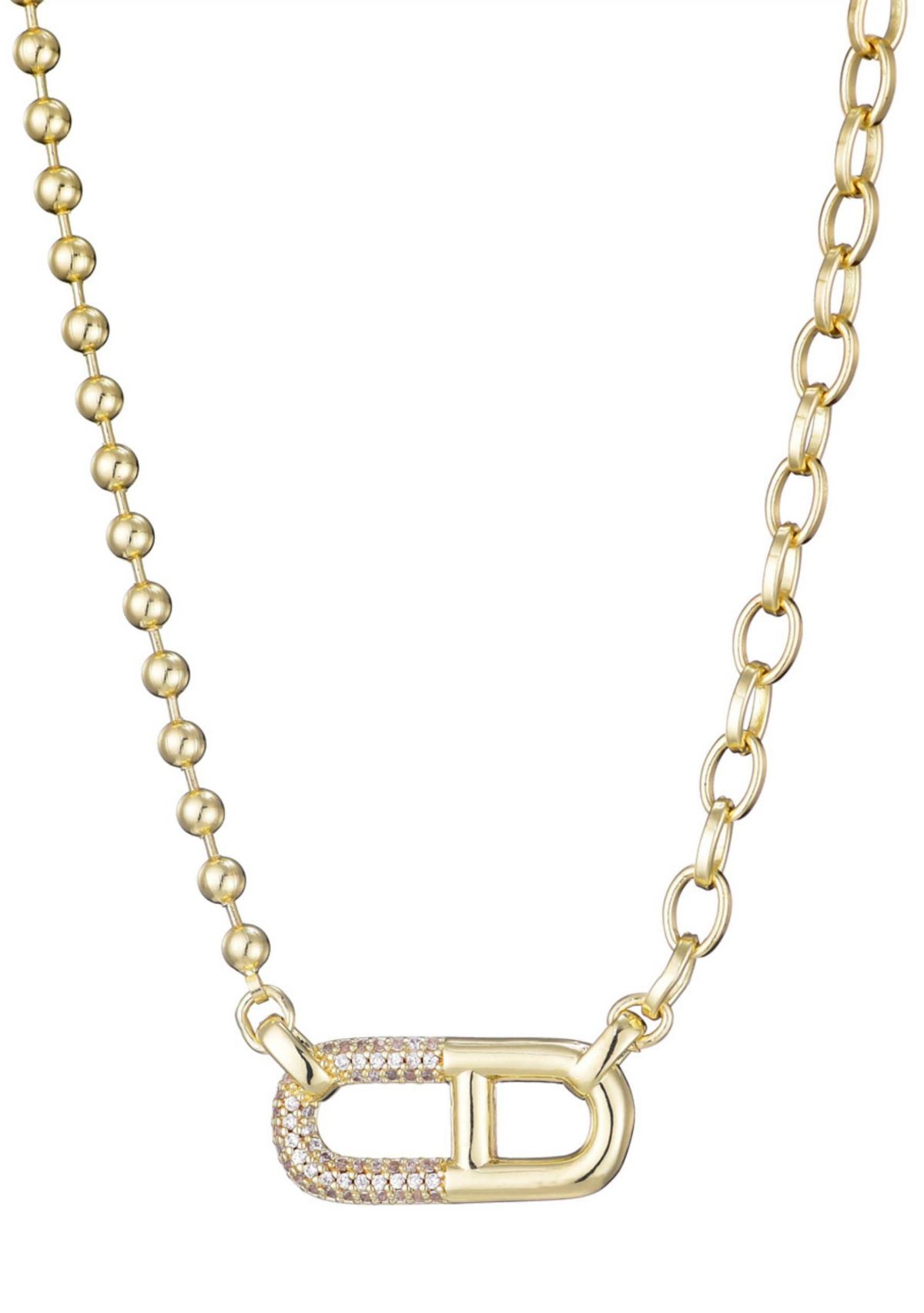 14k Gold Plated Mixed Chain CZ Sideways Pendant Necklace