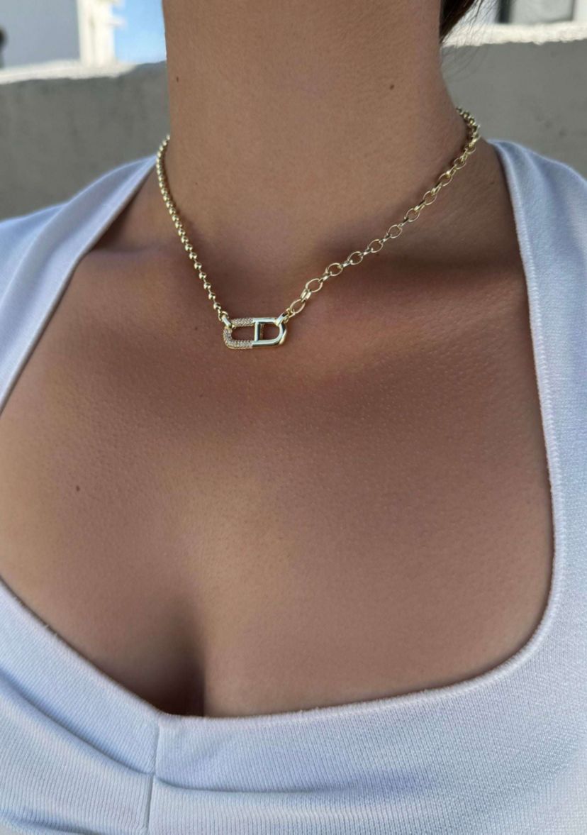 14k Gold Plated Mixed Chain CZ Sideways Pendant Necklace