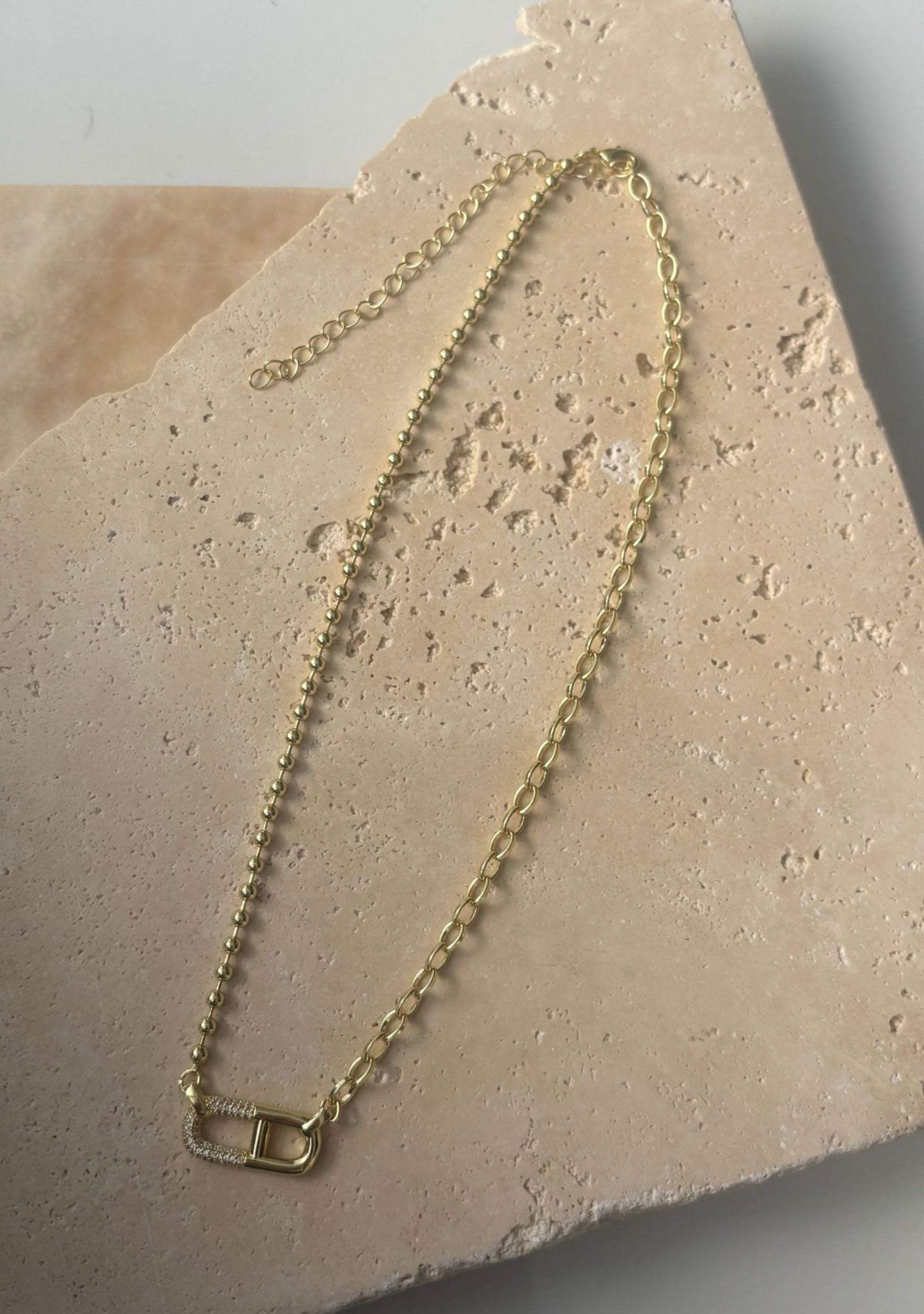 14k Gold Plated Mixed Chain CZ Sideways Pendant Necklace