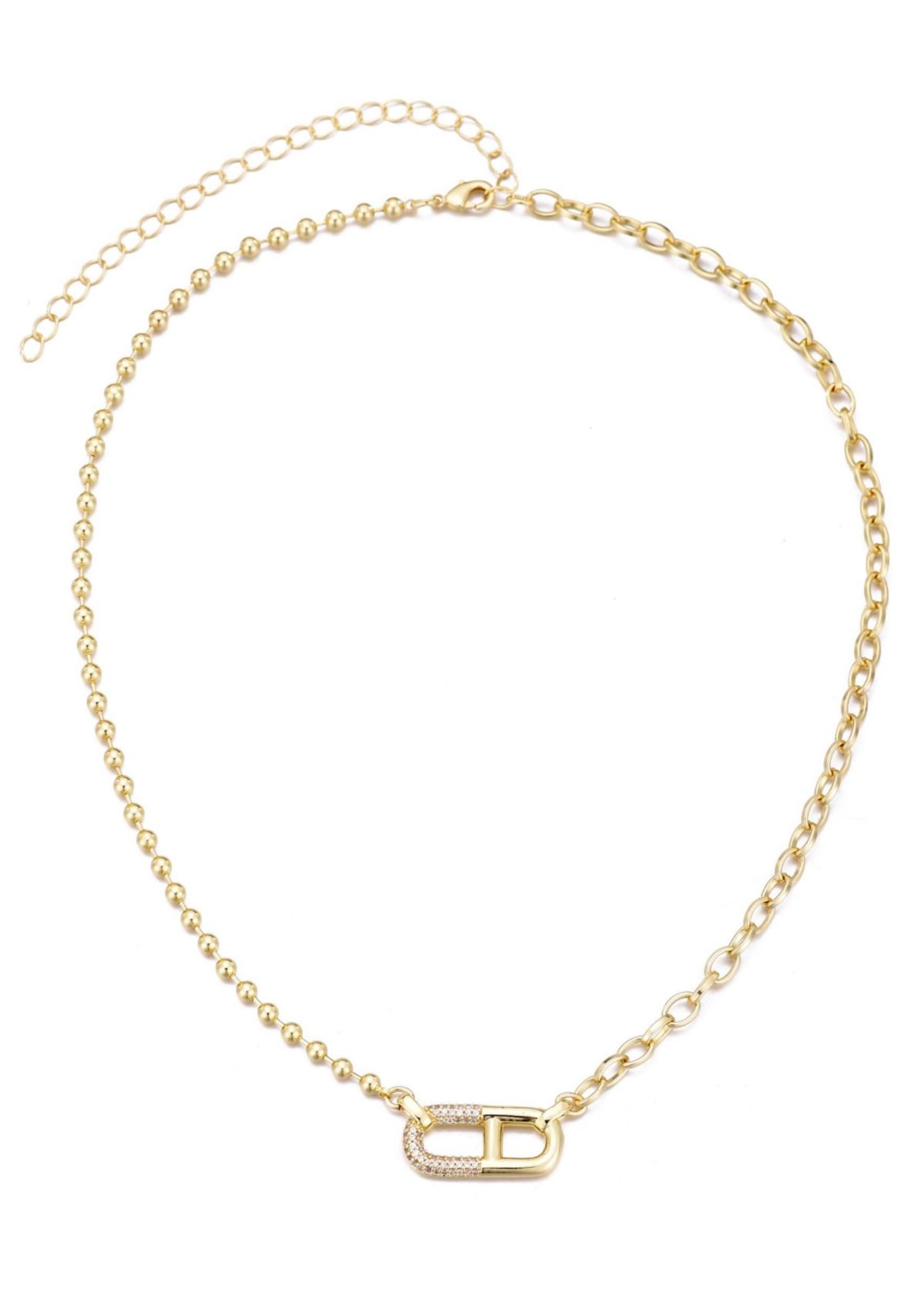 14k Gold Plated Mixed Chain CZ Sideways Pendant Necklace