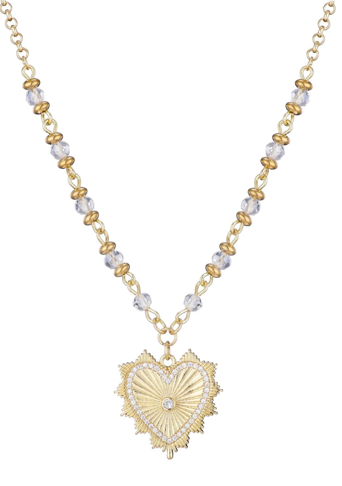 14k Gold Plated CZ Heart Necklace with Rosary Chain