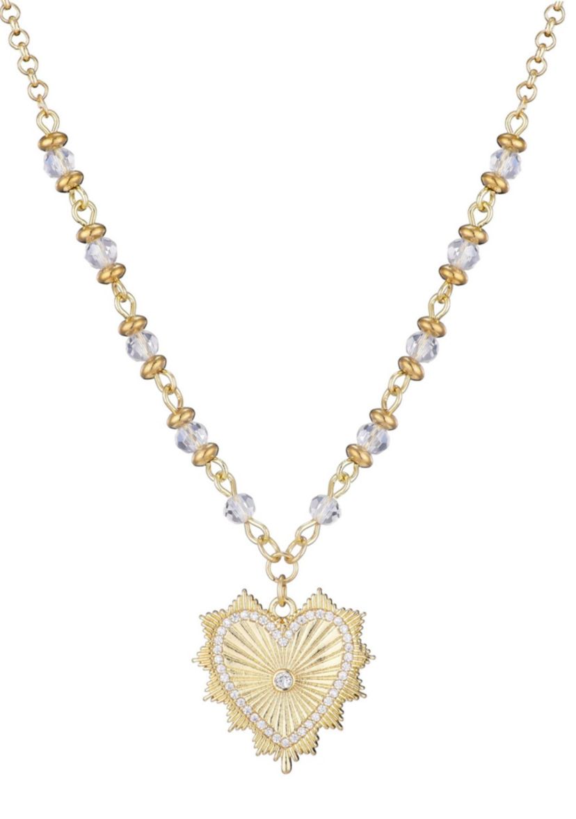 14k Gold Plated CZ Heart Necklace with Rosary Chain