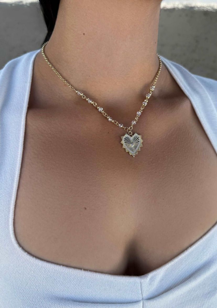 14k Gold Plated CZ Heart Necklace with Rosary Chain