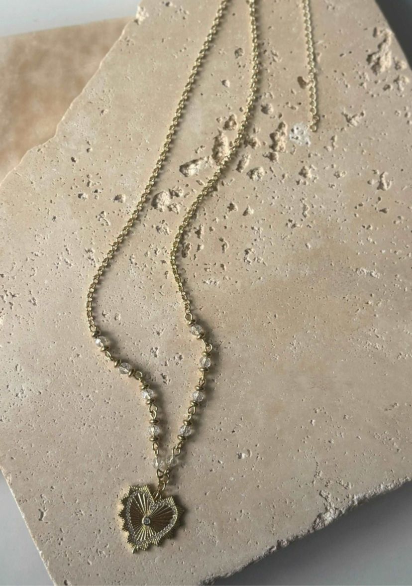 14k Gold Plated CZ Heart Necklace with Rosary Chain