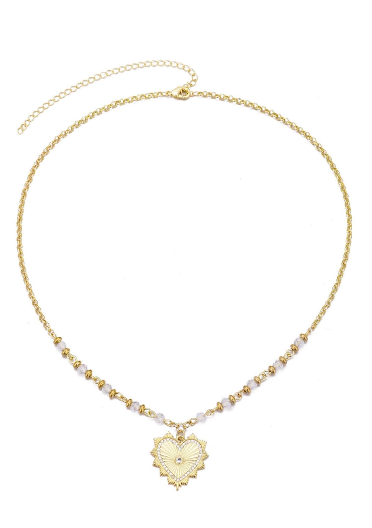 14k Gold Plated CZ Heart Necklace with Rosary Chain