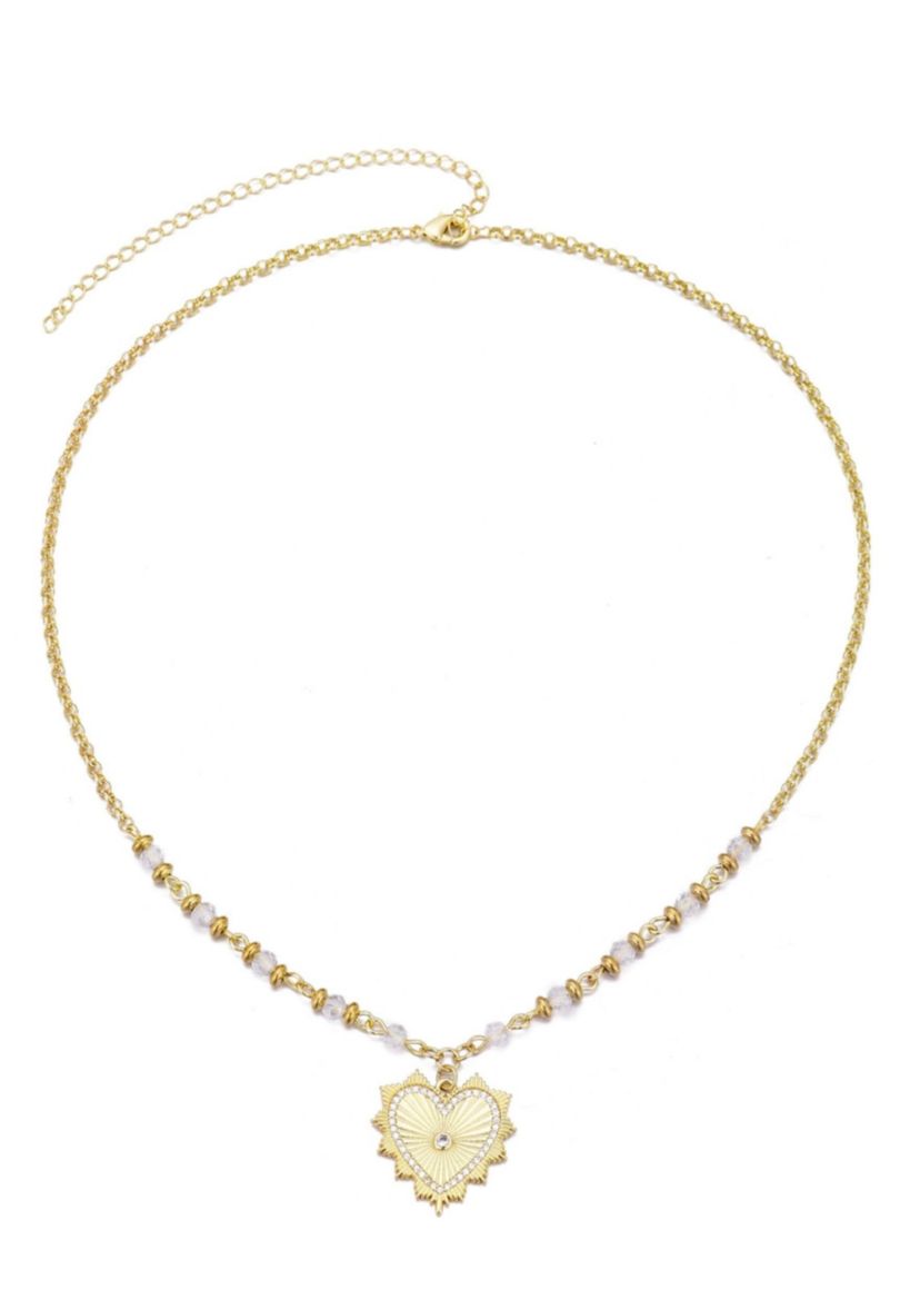 14k Gold Plated CZ Heart Necklace with Rosary Chain