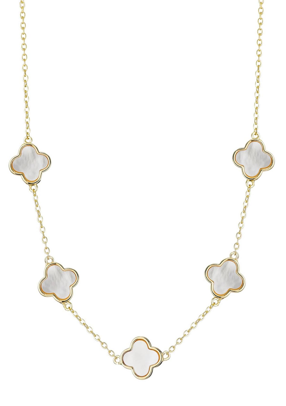 14k Yellow Gold Plated Mother of Pearl Clover Station Necklace