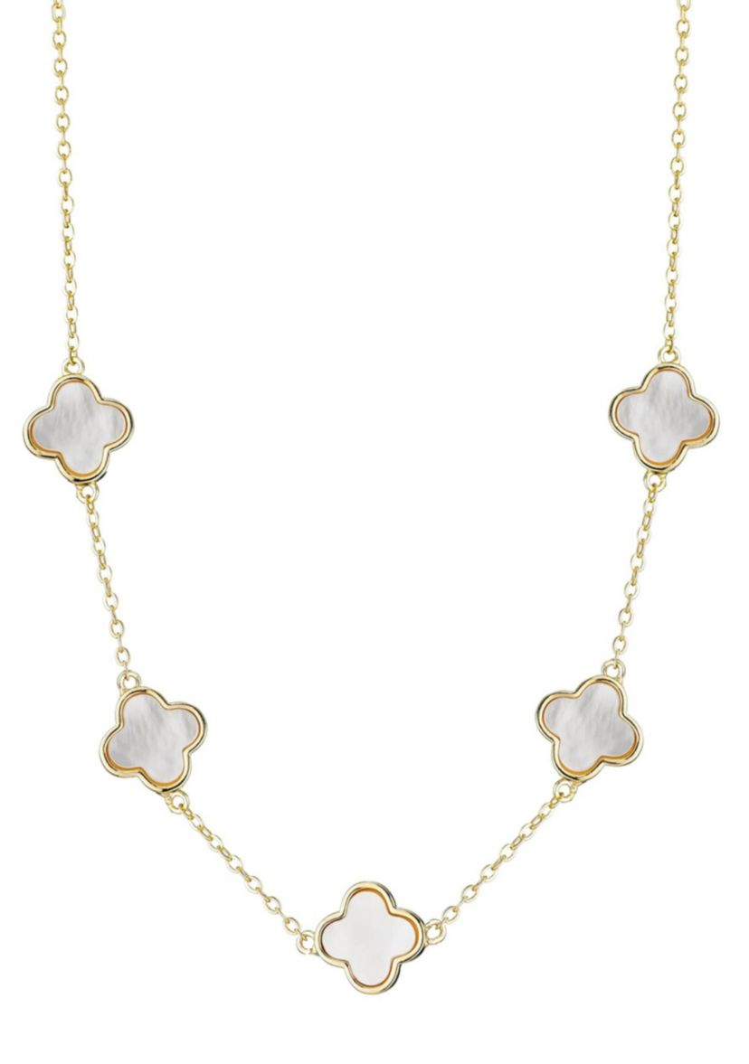 14k Yellow Gold Plated Mother of Pearl Clover Station Necklace