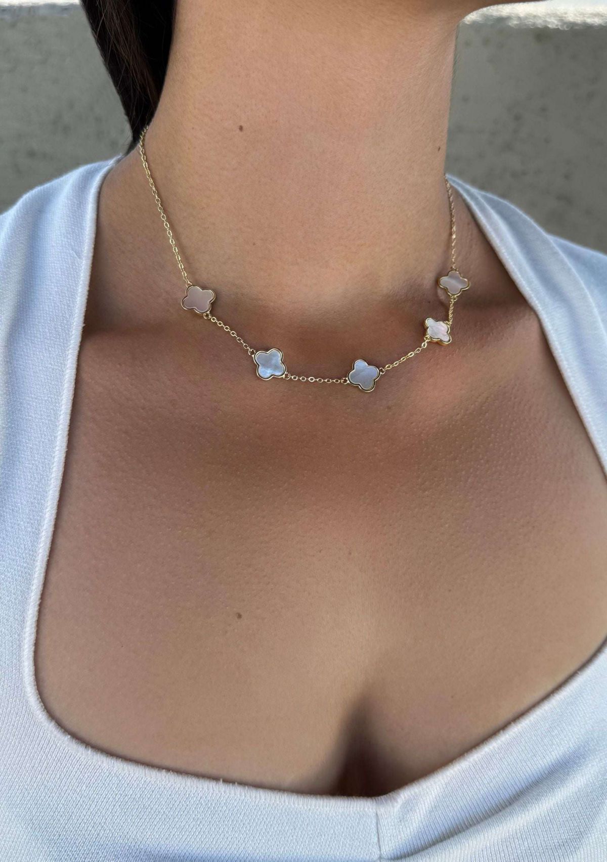 14k Yellow Gold Plated Mother of Pearl Clover Station Necklace