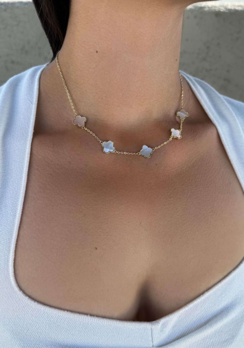 14k Yellow Gold Plated Mother of Pearl Clover Station Necklace