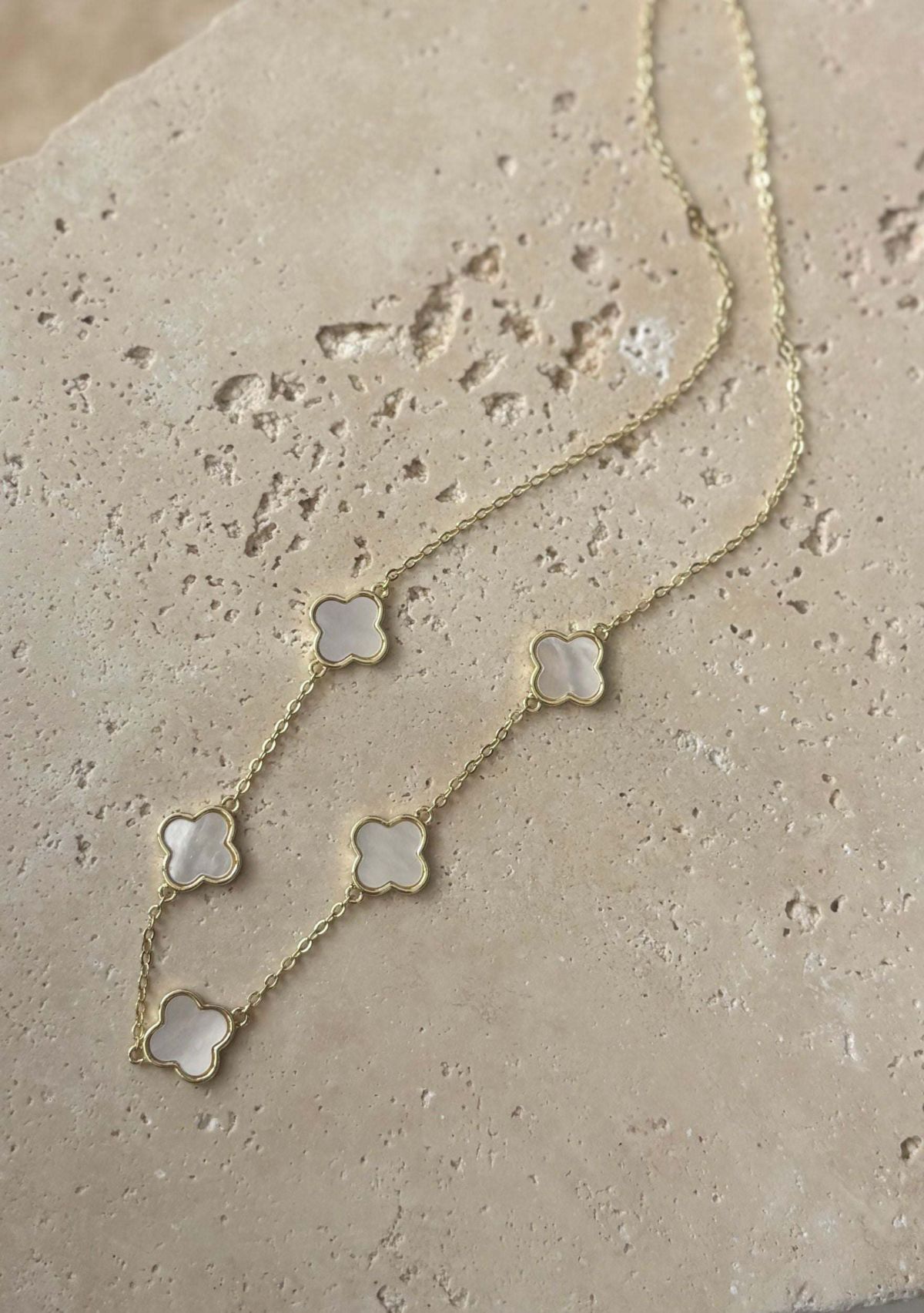 14k Yellow Gold Plated Mother of Pearl Clover Station Necklace