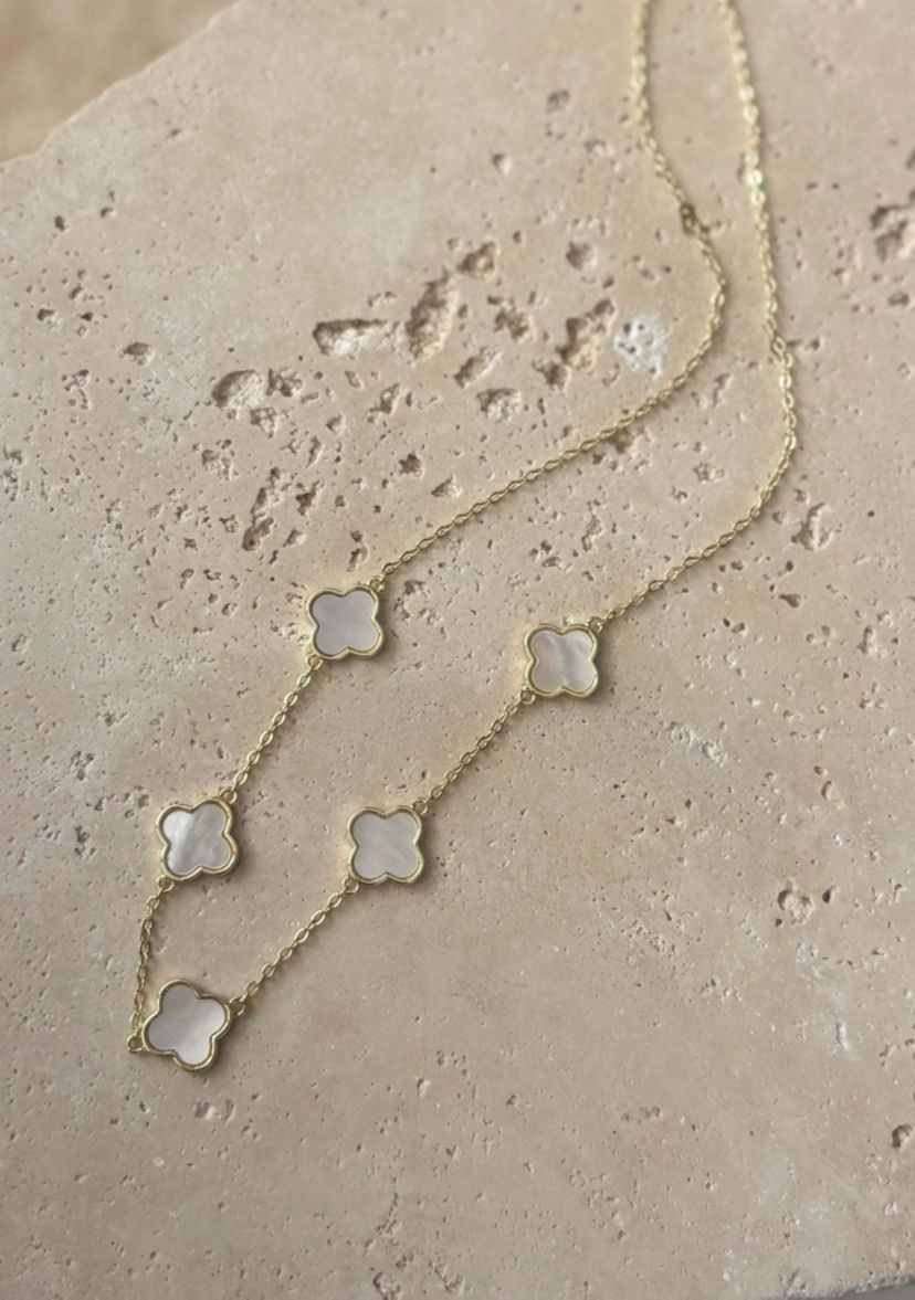 14k Yellow Gold Plated Mother of Pearl Clover Station Necklace