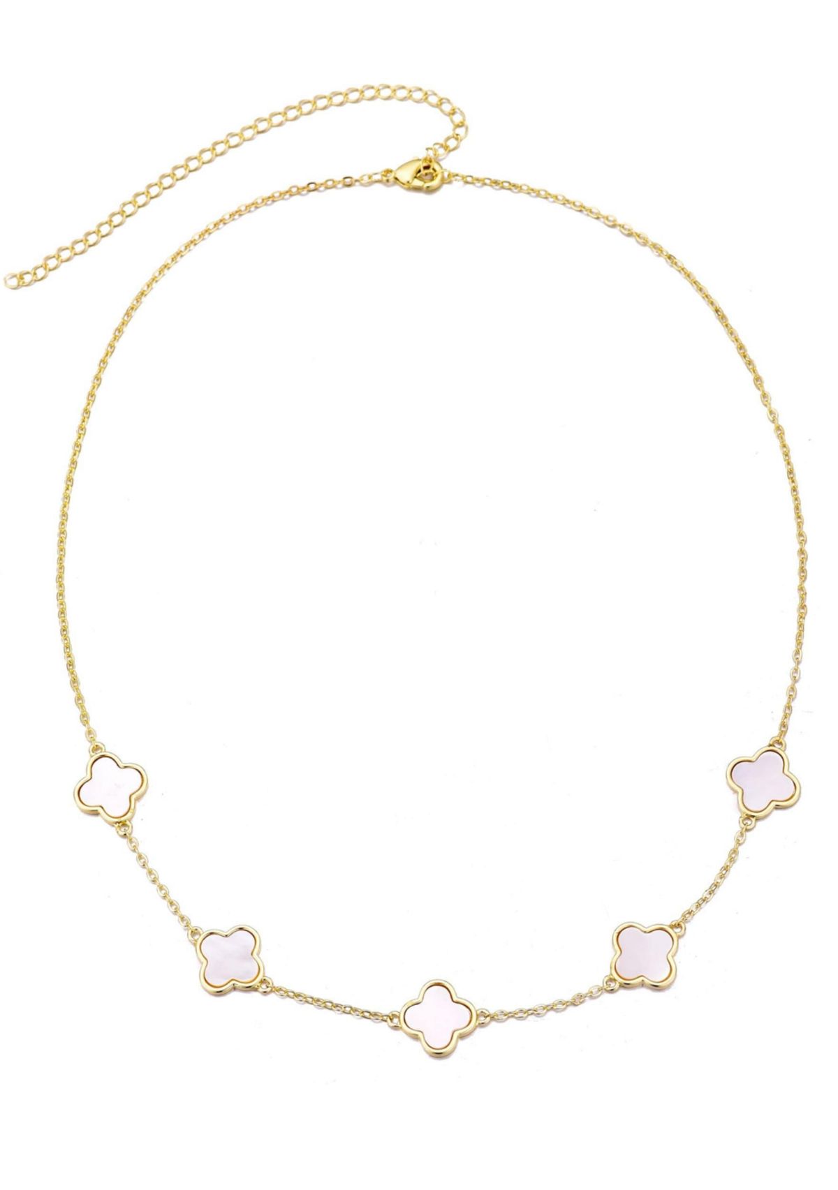 14k Yellow Gold Plated Mother of Pearl Clover Station Necklace