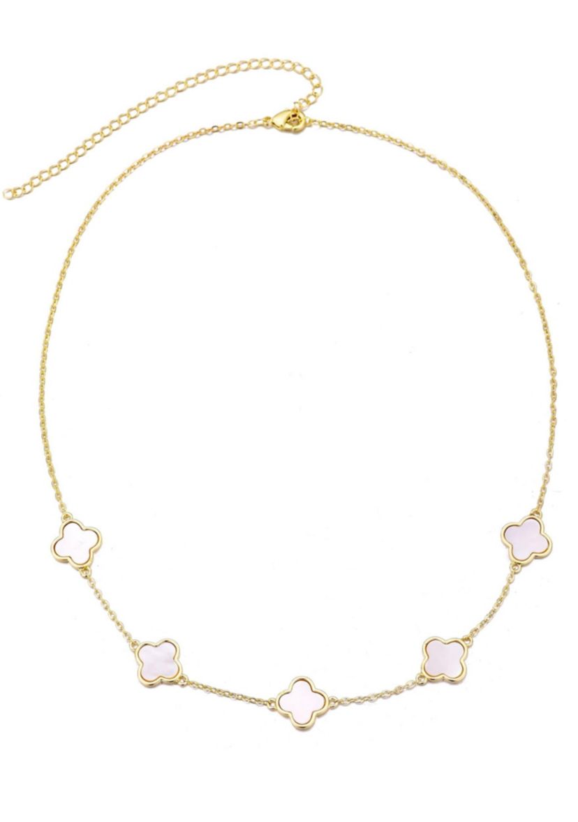 14k Yellow Gold Plated Mother of Pearl Clover Station Necklace