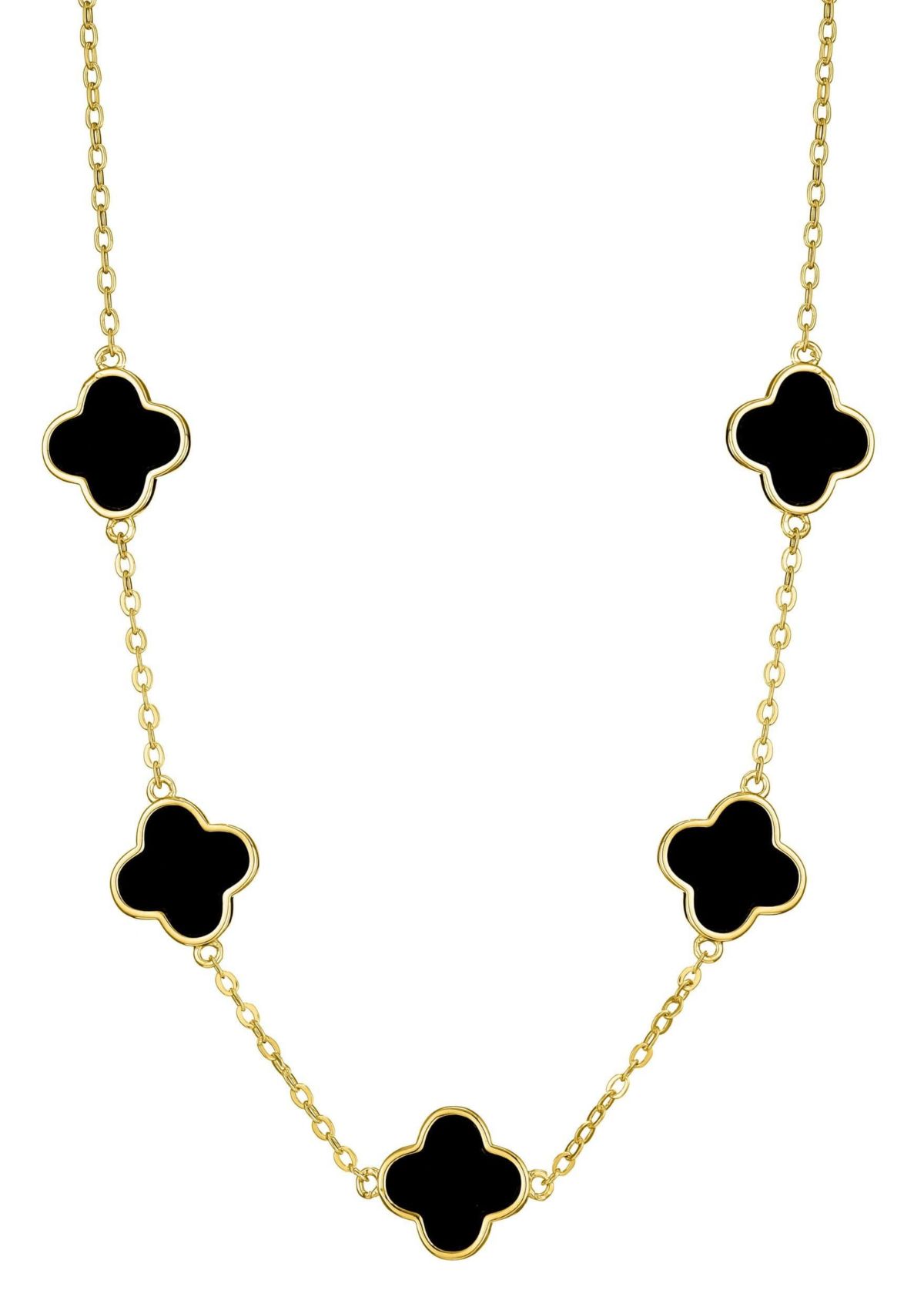 14k Yellow Gold Plated Black Clover Station Necklace