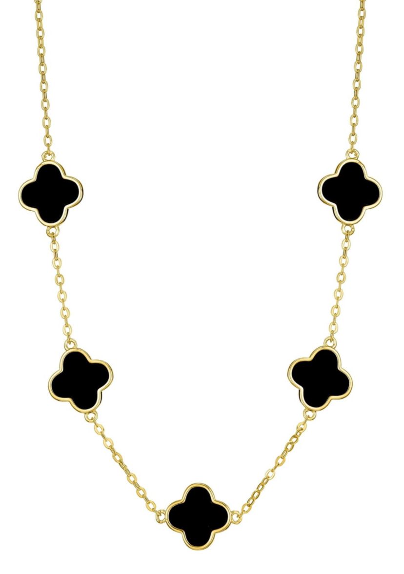 14k Yellow Gold Plated Black Clover Station Necklace