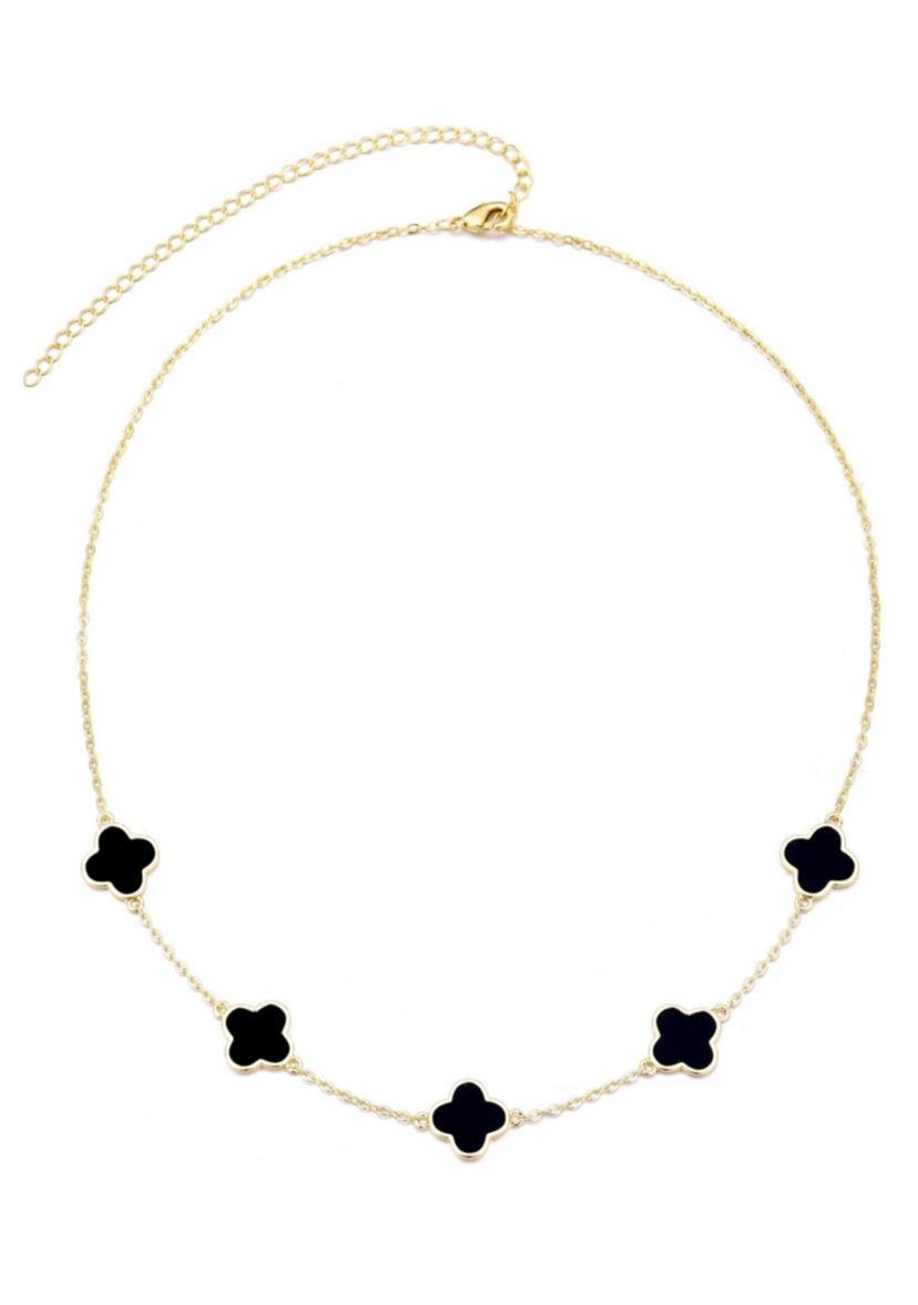 14k Yellow Gold Plated Black Clover Station Necklace