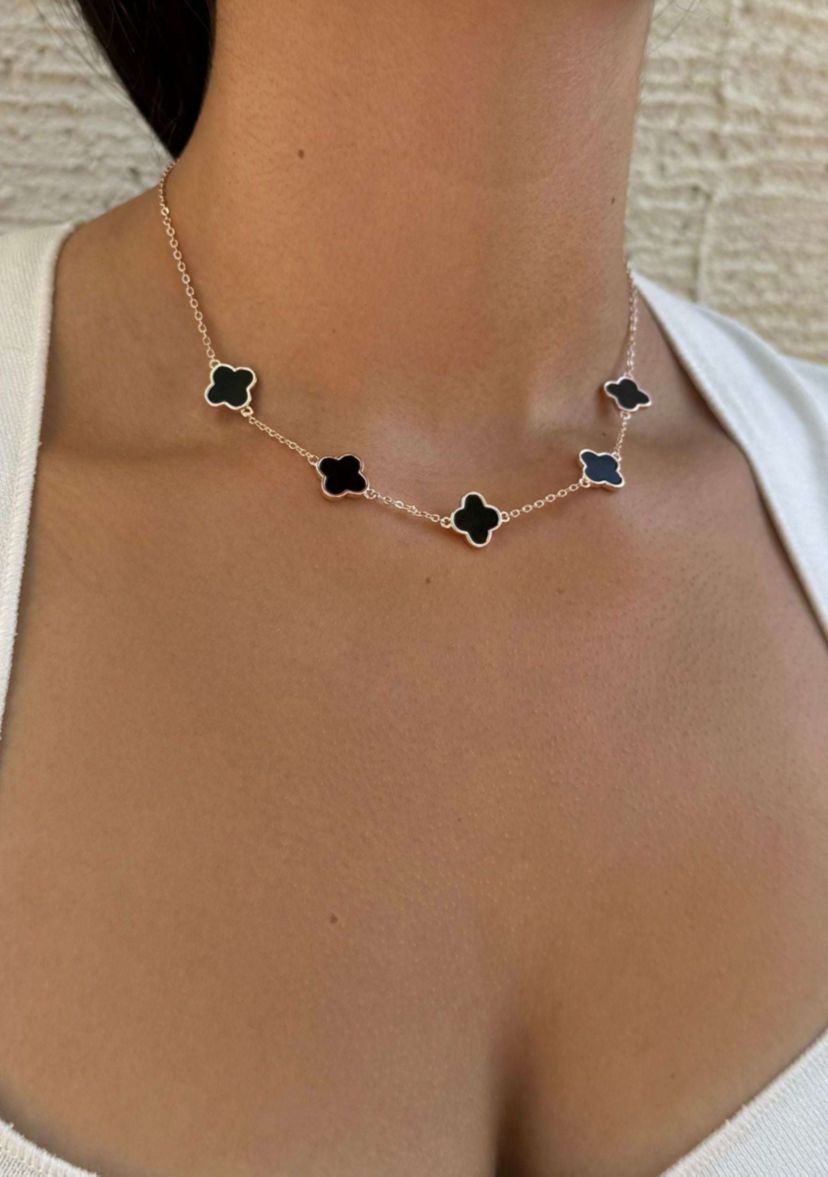 14k Rose Gold Plated Black Clover Station Necklace