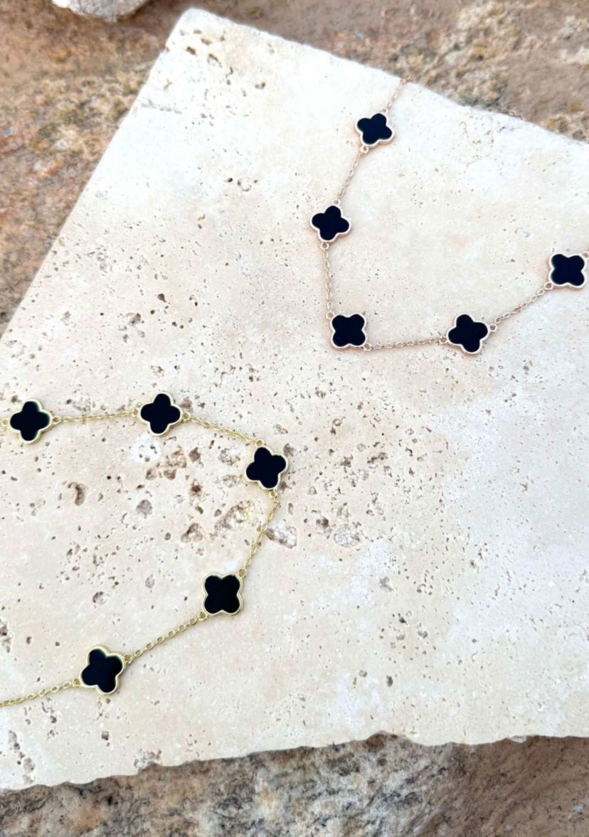 14k Rose Gold Plated Black Clover Station Necklace