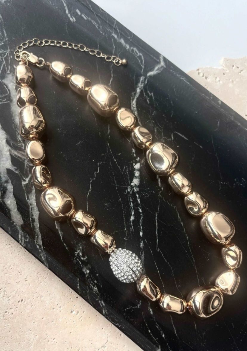 14k Gold Plated Pebbled Gold Necklace with Crystal Centerpiece