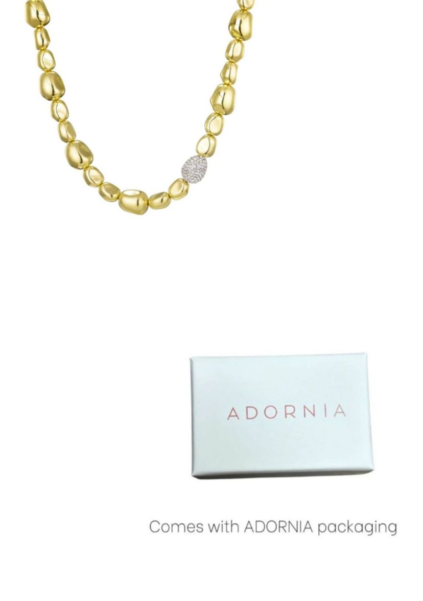 14k Gold Plated Pebbled Gold Necklace with Crystal Centerpiece