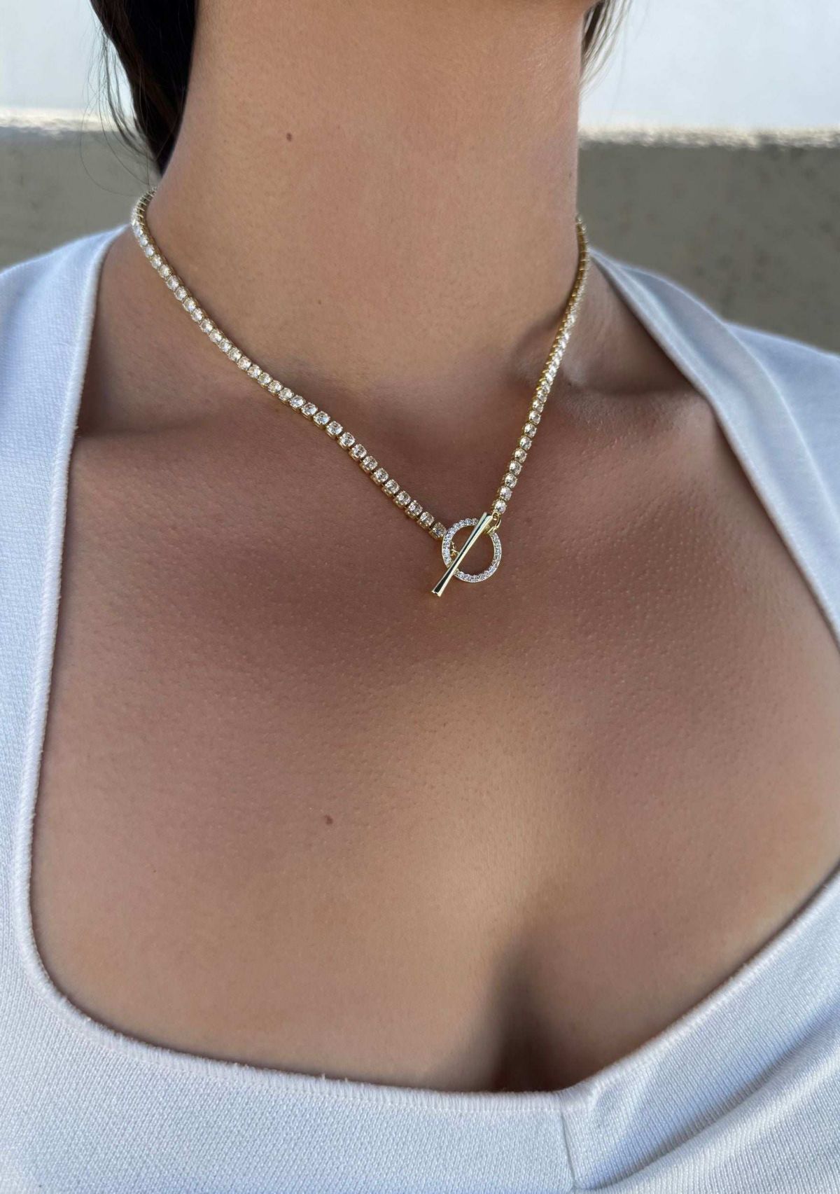 14k Gold Plated Crystal Toggle Tennis Necklace