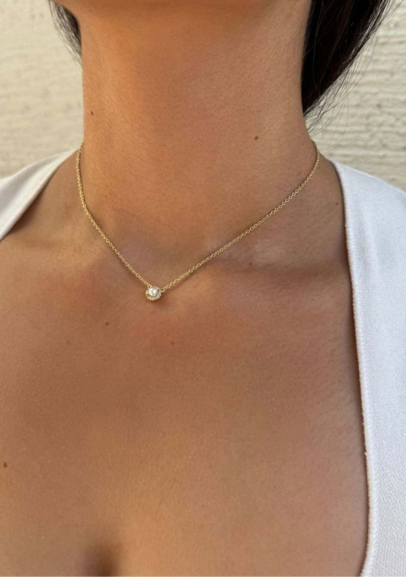 14k Gold Plated Freshwater Pearl CZ Halo Necklace