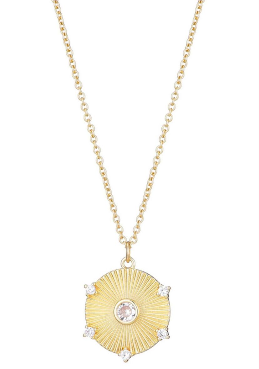 14k Gold Plated CZ Fluted Disc Pendant Necklace