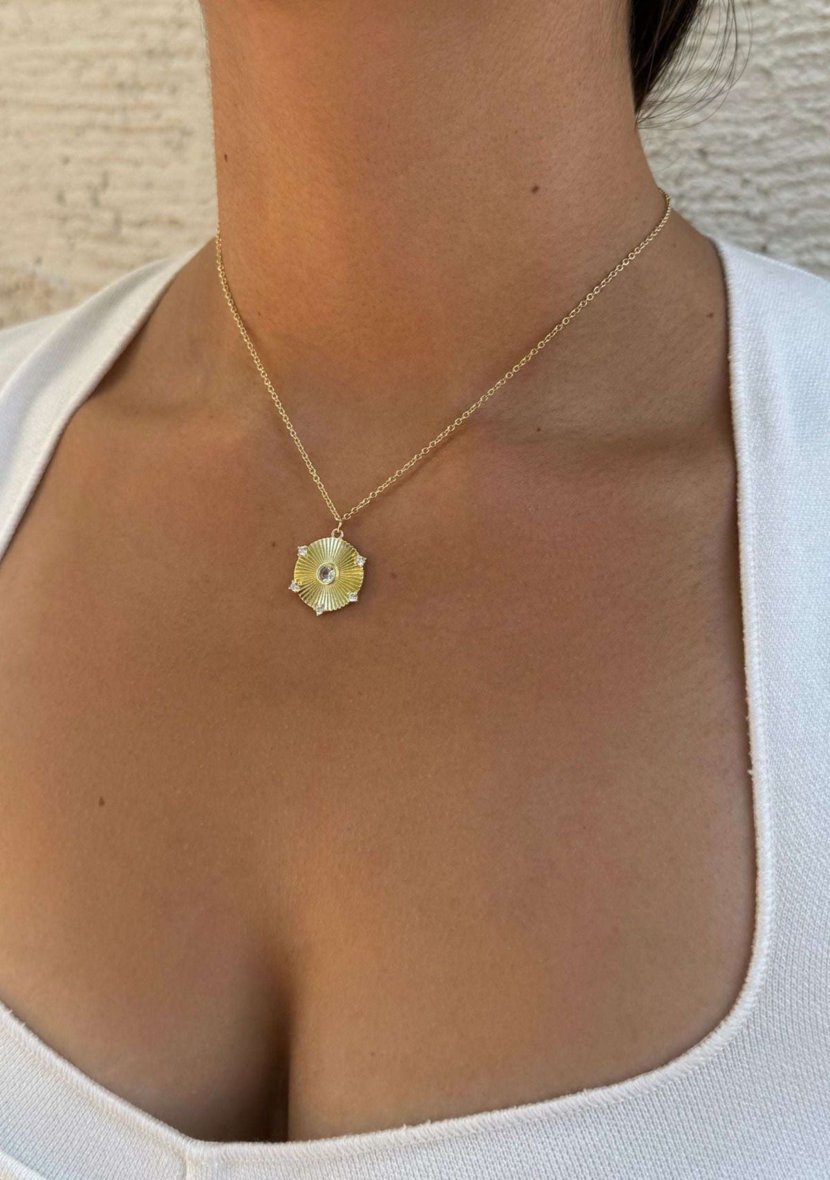 14k Gold Plated CZ Fluted Disc Pendant Necklace