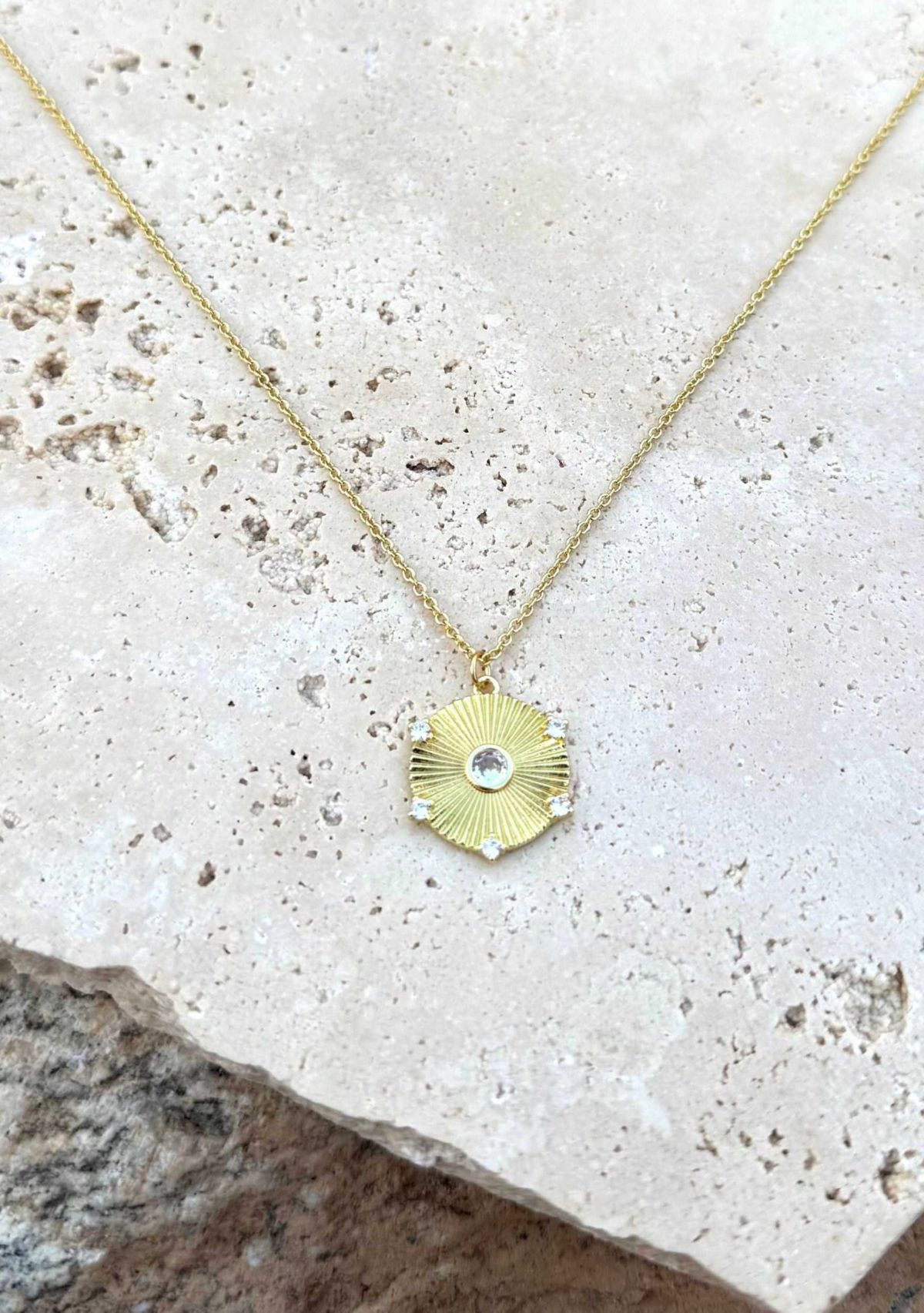 14k Gold Plated CZ Fluted Disc Pendant Necklace