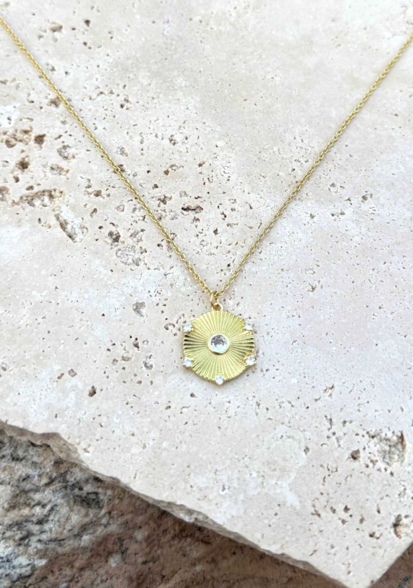 14k Gold Plated CZ Fluted Disc Pendant Necklace