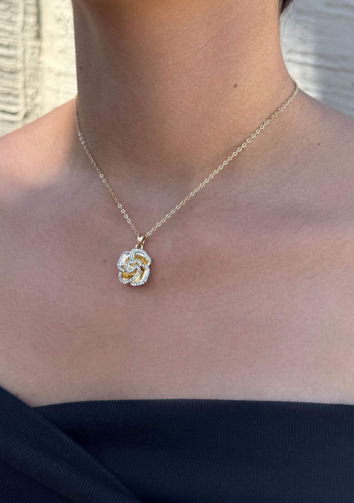 Gold Plated Crystal Encrusted Flower Pendant Necklace