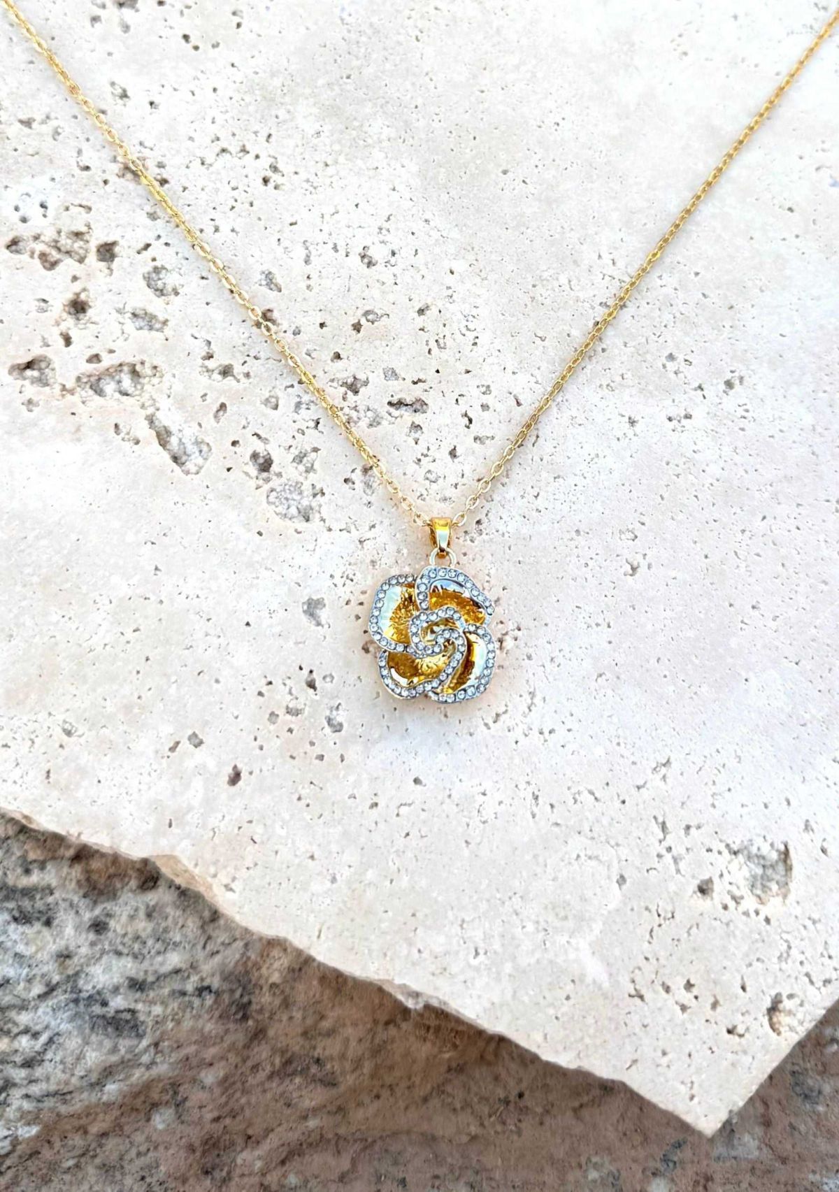 Gold Plated Crystal Encrusted Flower Pendant Necklace