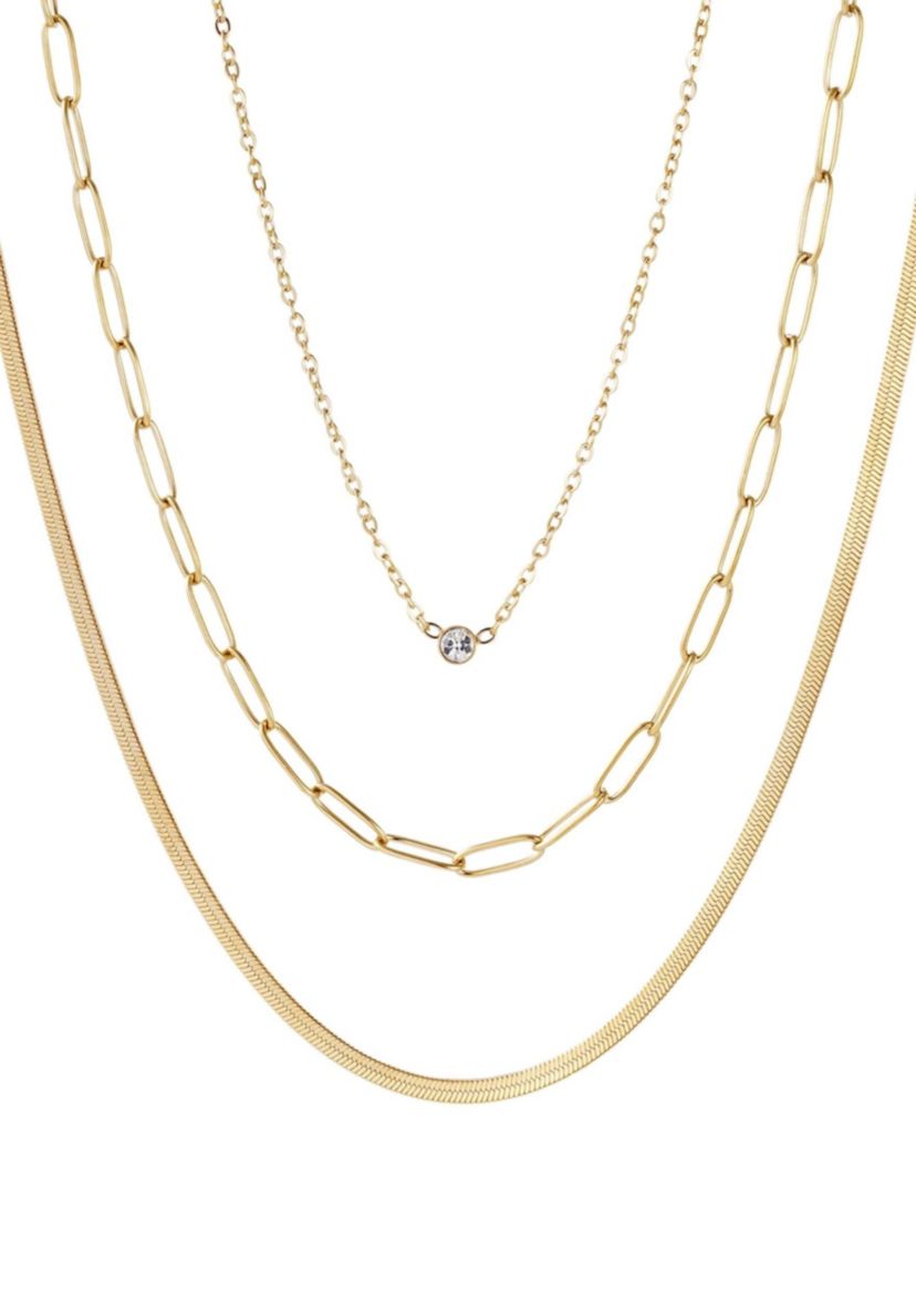 Tarnish Resistant 18k Gold Plated CZ Solitaire Pendant and 2 Chain Necklace Set