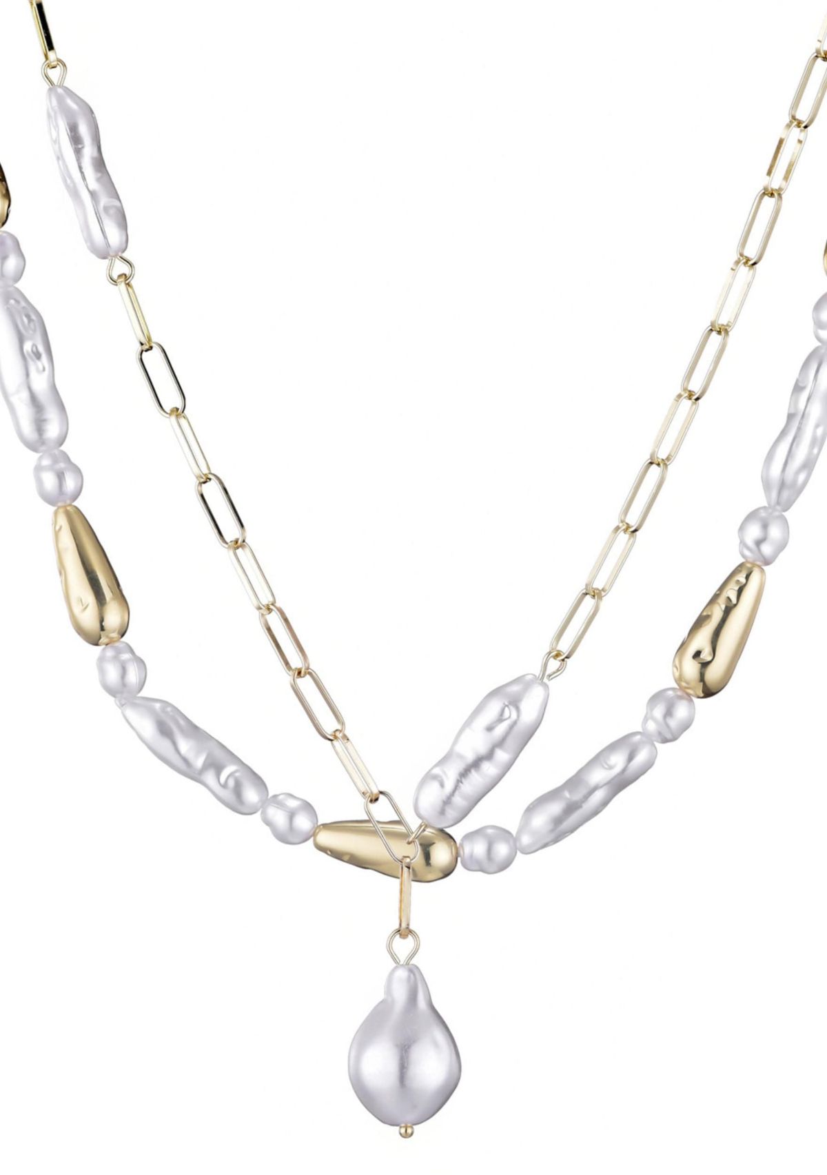 Gold Plated Beaded Faux Pearl Layered Lariat Necklace
